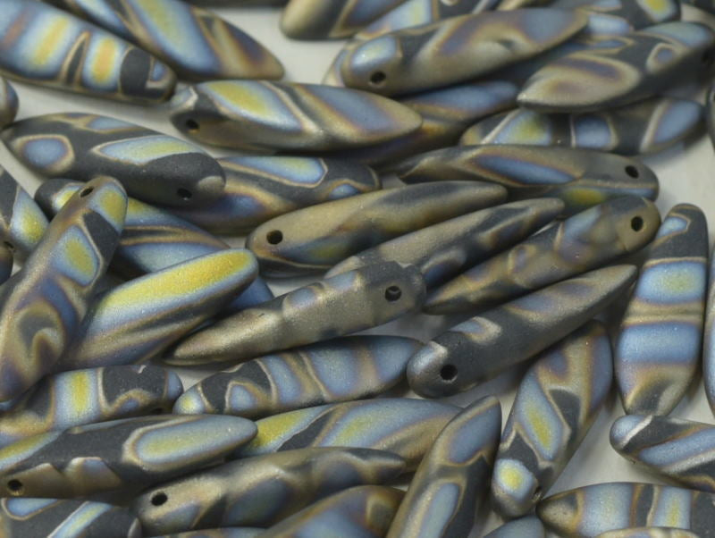 Dagger Beads 5x16 mm, Jet Marea Stripes Matted, Czech Glass