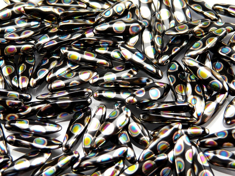 Dagger Beads 5x16 mm, Jet Vitrail Dots, Czech Glass