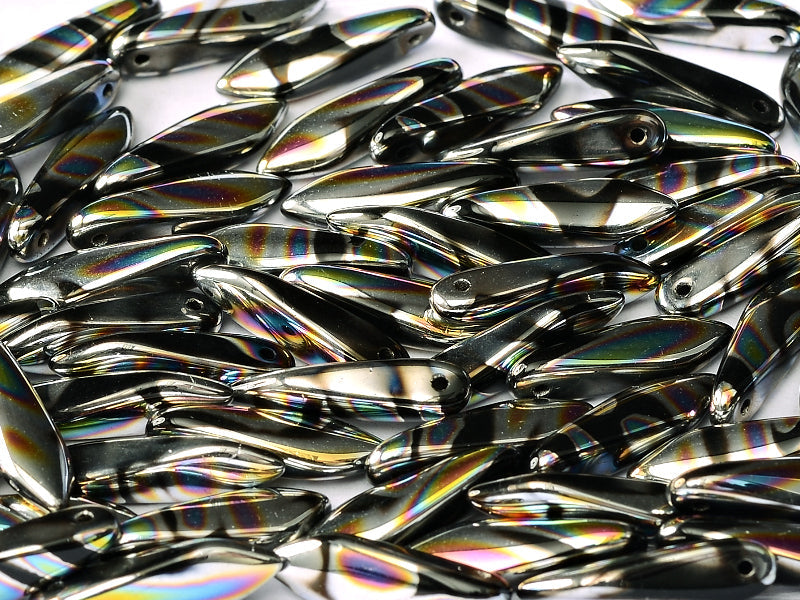 Dagger Beads 5x16 mm, Jet Vitrail Stripes, Czech Glass