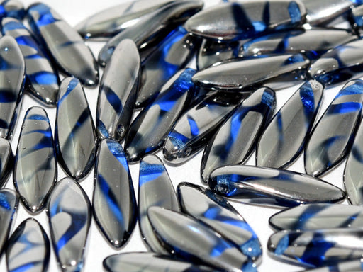 Dagger Beads 5x16 mm, Sapphire Chrome Stripes, Czech Glass