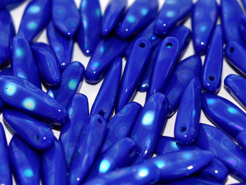Dagger Beads 5x16 mm, Opaque Blue AB Dots, Czech Glass