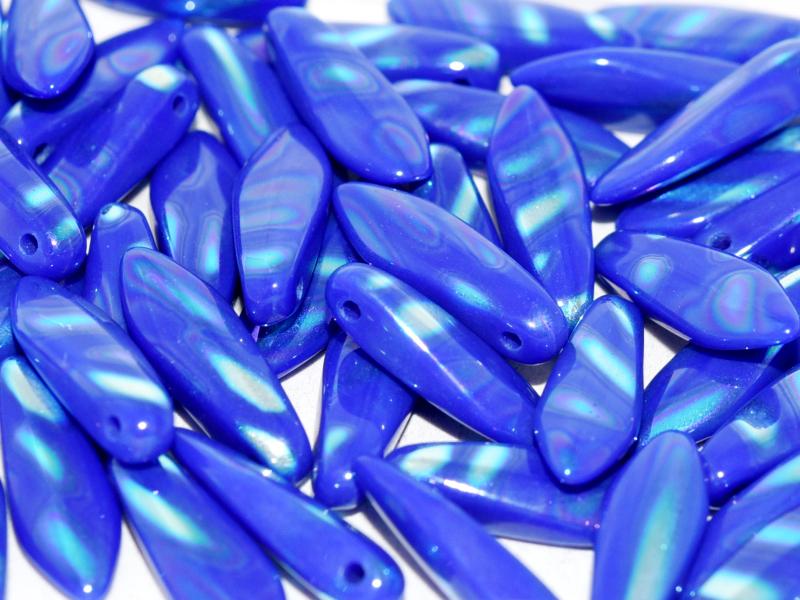 Dagger Beads 5x16 mm, Opaque Blue AB Stripes, Czech Glass