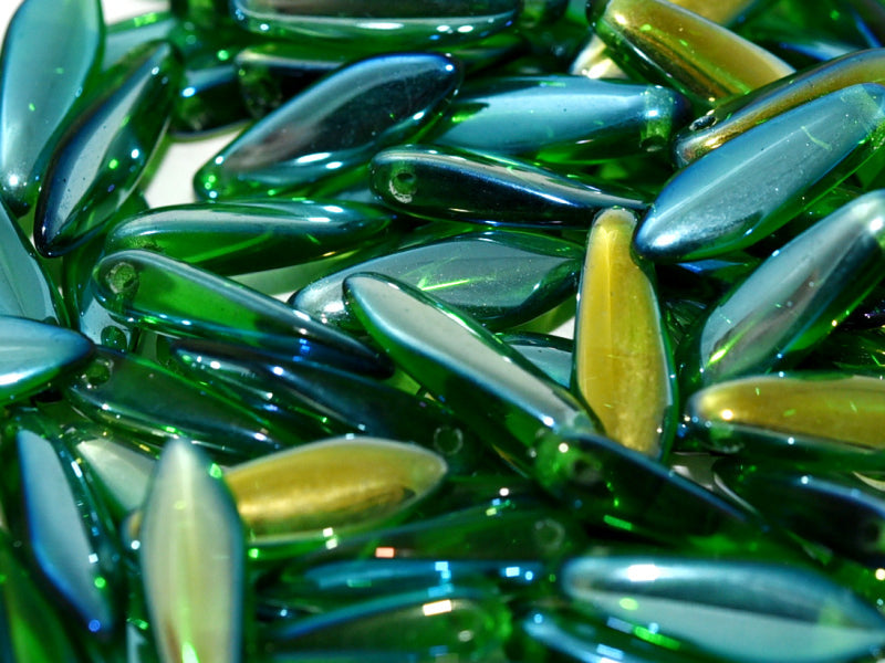 Dagger Beads 5x16 mm, Chrysolite Full Light AB, Czech Glass