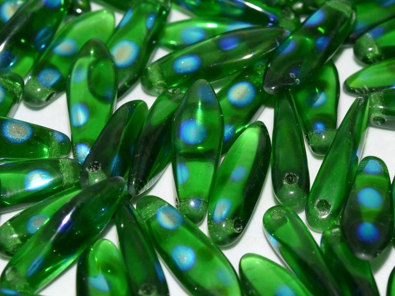 Dagger Beads 5x16 mm, Chrysolite AB Dots, Czech Glass