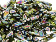 Dagger Beads 5x16 mm, Olivine Vitrail Stripes, Czech Glass