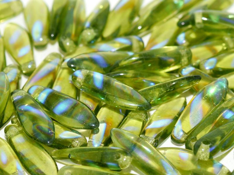 Dagger Beads 5x16 mm, Olivine AB Stripes, Czech Glass