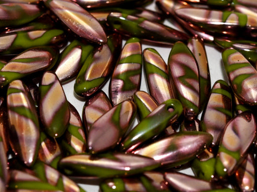 Dagger Beads 5x16 mm, Opaque Mint Green Capri Rose Stripes, Czech Glass