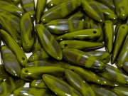 Dagger Beads 5x16 mm, Opaque Mint Green Vacuum Hematite Stripes, Czech Glass