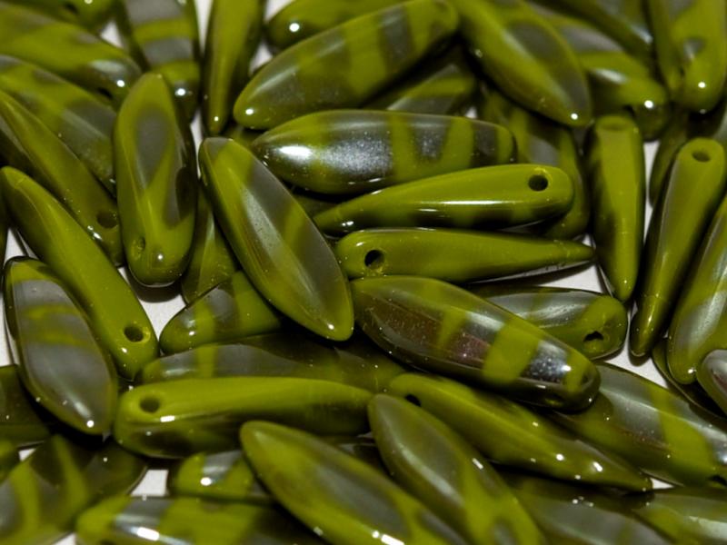Dagger Beads 5x16 mm, Opaque Mint Green Vacuum Hematite Stripes, Czech Glass