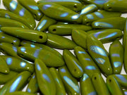Dagger Beads 5x16 mm, Opaque Mint Green AB Stripes, Czech Glass