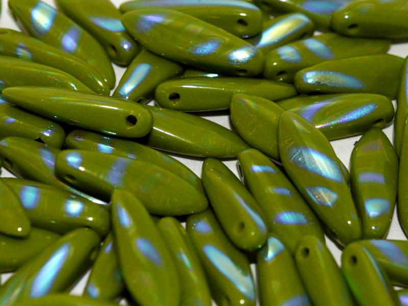Dagger Beads 5x16 mm, Opaque Mint Green AB Stripes, Czech Glass