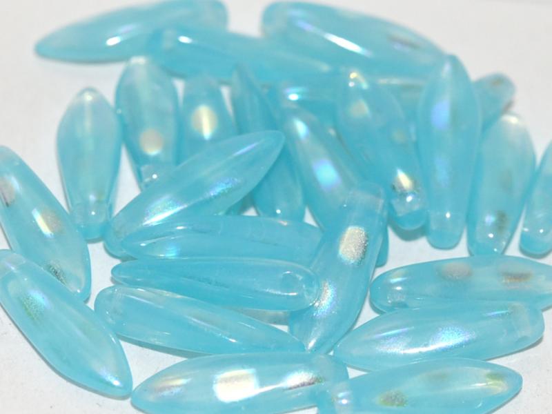 Dagger Beads 5x16 mm, Aqua Opal AB Dots, Czech Glass