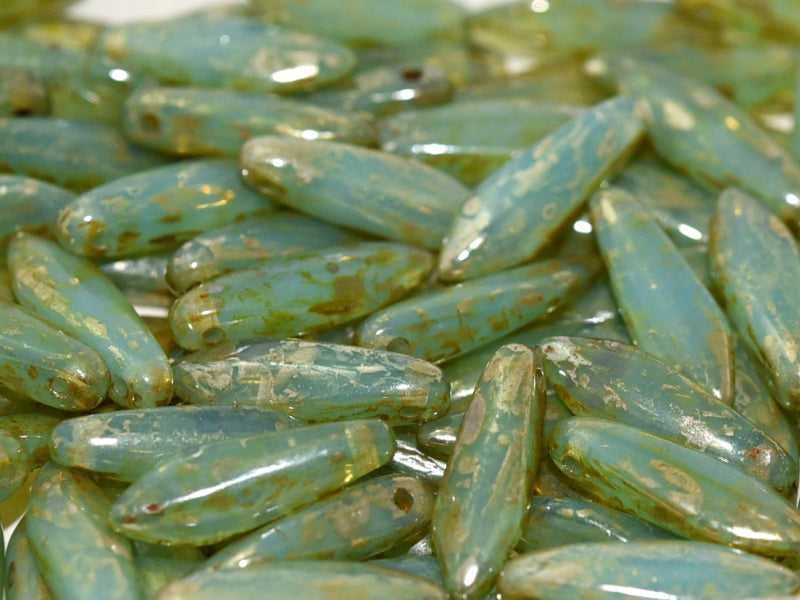 Dagger Beads 5x16 mm, Aqua Opal Picasso, Czech Glass
