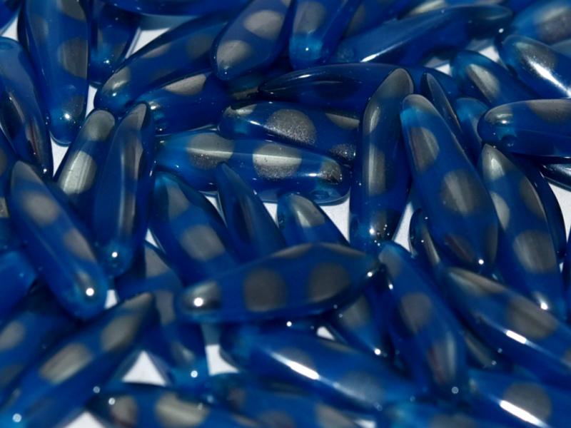 Dagger Beads 5x16 mm, Opaque Aqua Vacuum Hematite Dots, Czech Glass
