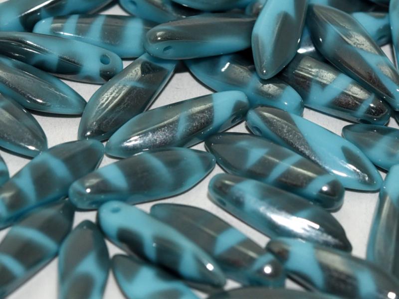 Dagger Beads 5x16 mm, Turquoise Vacuum Hematite Stripes, Czech Glass