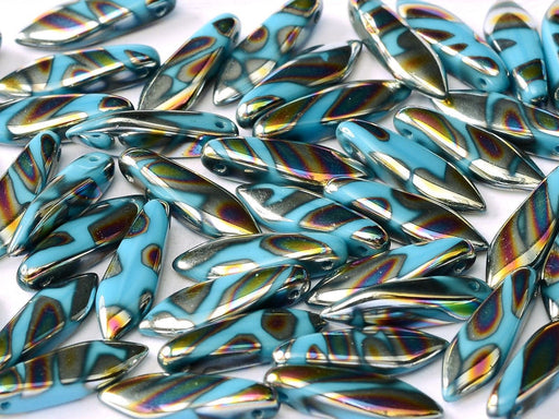 Dagger Beads 5x16 mm, Turquoise Vitrail Stripes, Czech Glass