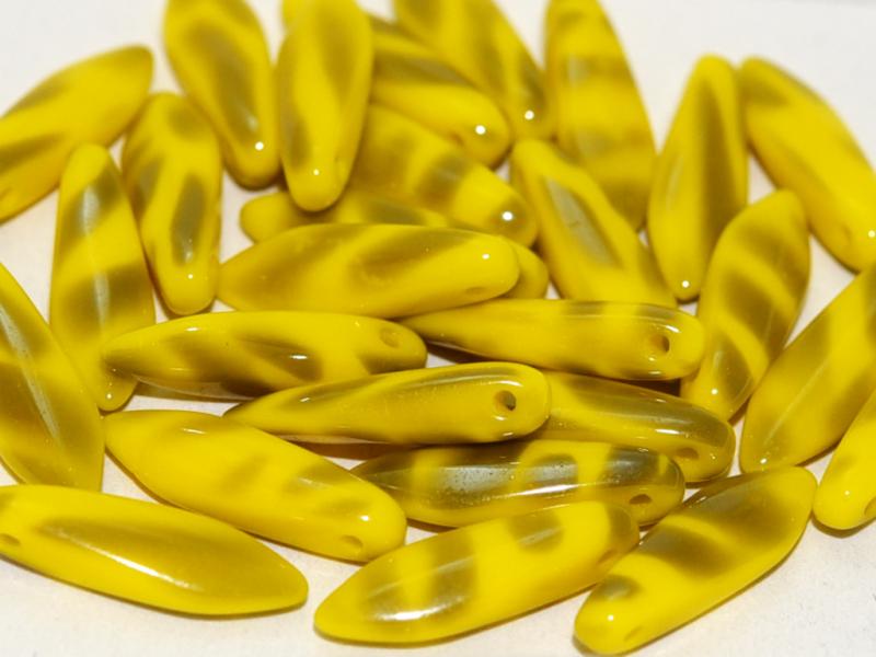 Dagger Beads 5x16 mm, Lemon Vacuum Hematite Stripes, Czech Glass