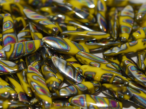 Dagger Beads 5x16 mm, Lemon Vitrail Stripes, Czech Glass