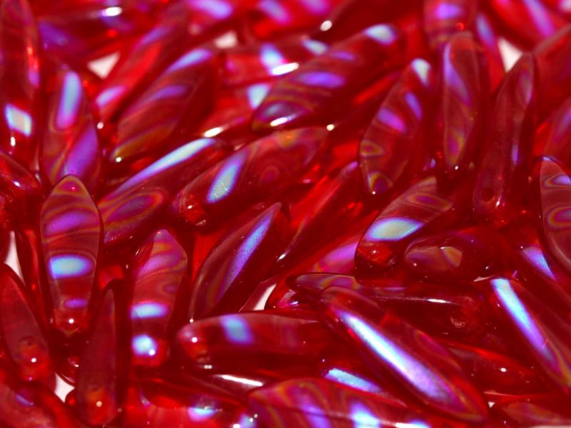 Dagger Beads 5x16 mm, Red AB Stripes, Czech Glass