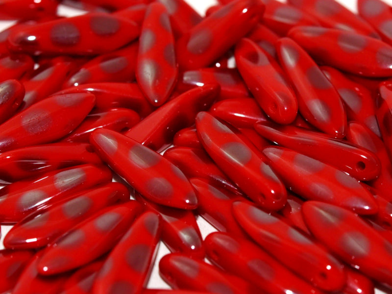 Dagger Beads 5x16 mm, Opaque Red Vacuum Hematite Dots, Czech Glass