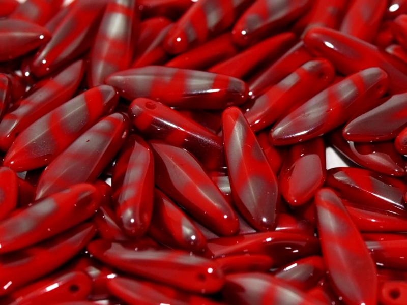 Dagger Beads 5x16 mm, Opaque Red Vacuum Hematite Stripes, Czech Glass
