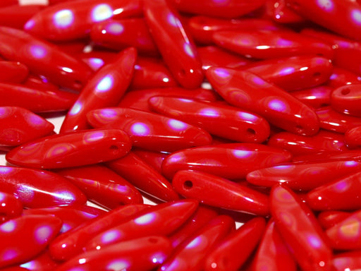 Dagger Beads 5x16 mm, Opaque Red AB Dots, Czech Glass