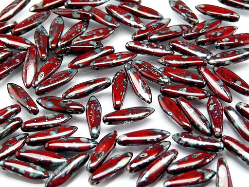 Dagger Beads 5x16 mm, Opaque Red Picasso, Czech Glass
