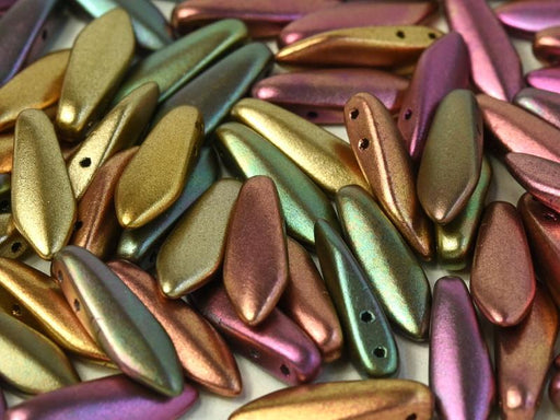 2-Hole Dagger Beads 5x16 mm, 2 Holes, Purple Iris Gold, Czech Glass