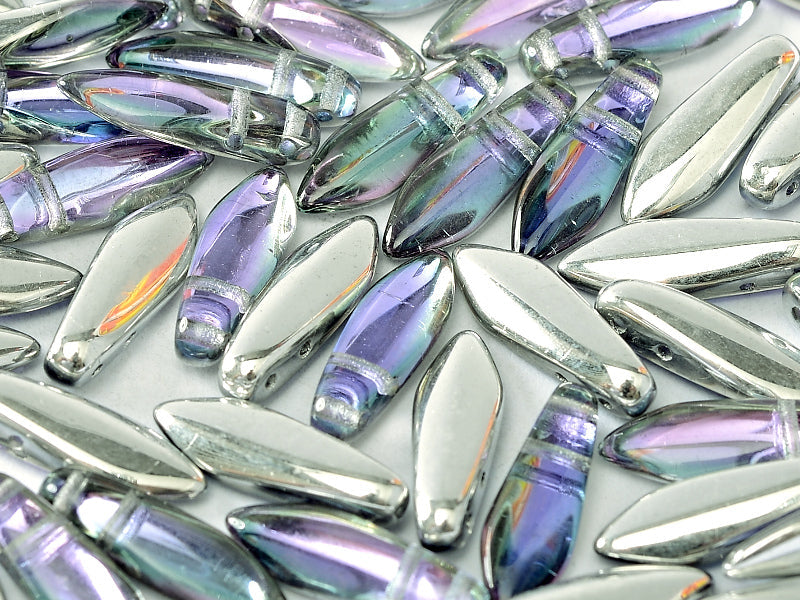 2-Hole Dagger Beads 5x16 mm, 2 Holes, Crystal Vitrail Light, Czech Glass
