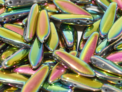 2-Hole Dagger Beads 5x16 mm, 2 Holes, Crystal Vitrail Full, Czech Glass