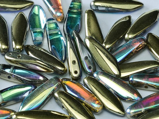 2-Hole Dagger Beads 5x16 mm, 2 Holes, Crystal Golden Rainbow, Czech Glass