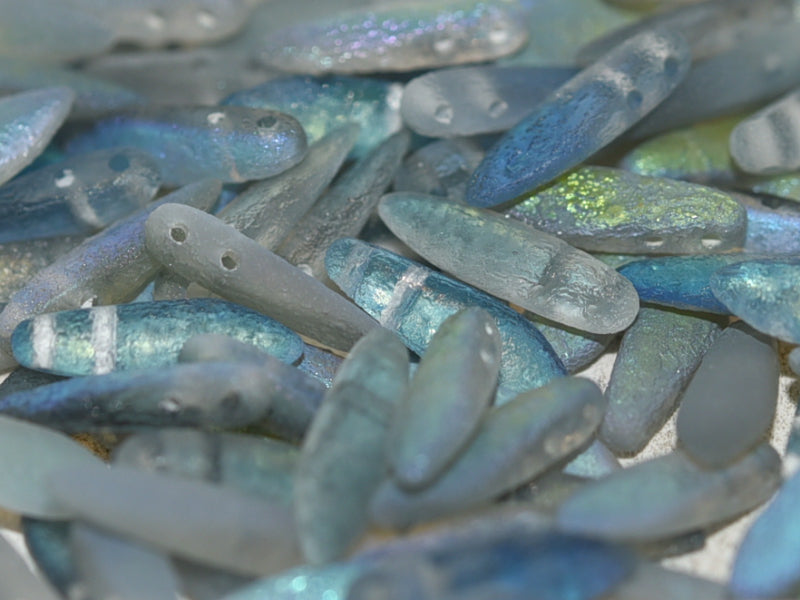 2-Hole Dagger Beads 5x16 mm, 2 Holes, Crystal Etched Blue Rainbow, Czech Glass