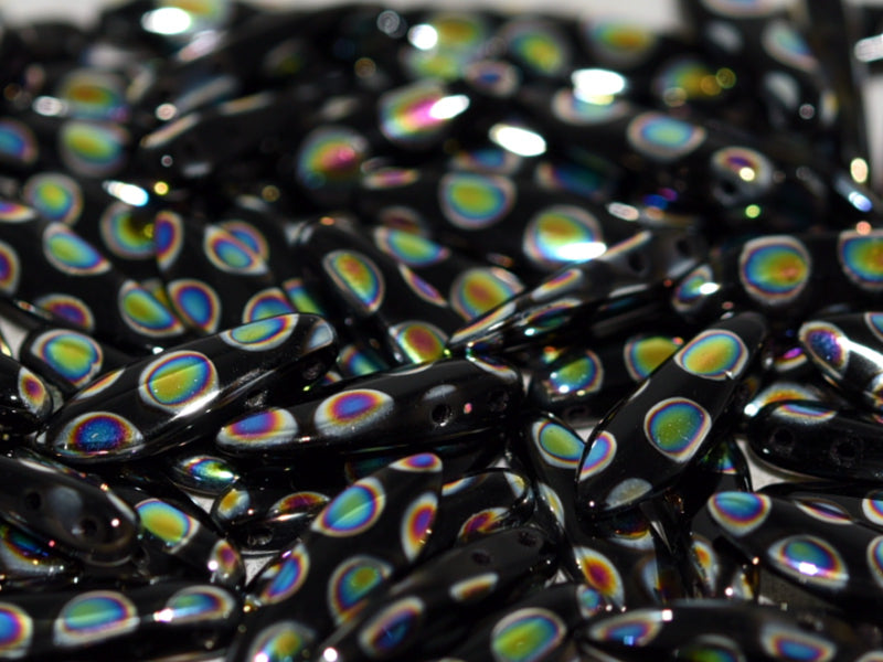 2-Hole Dagger Beads 5x16 mm, 2 Holes, Jet Vitrail Dots, Czech Glass