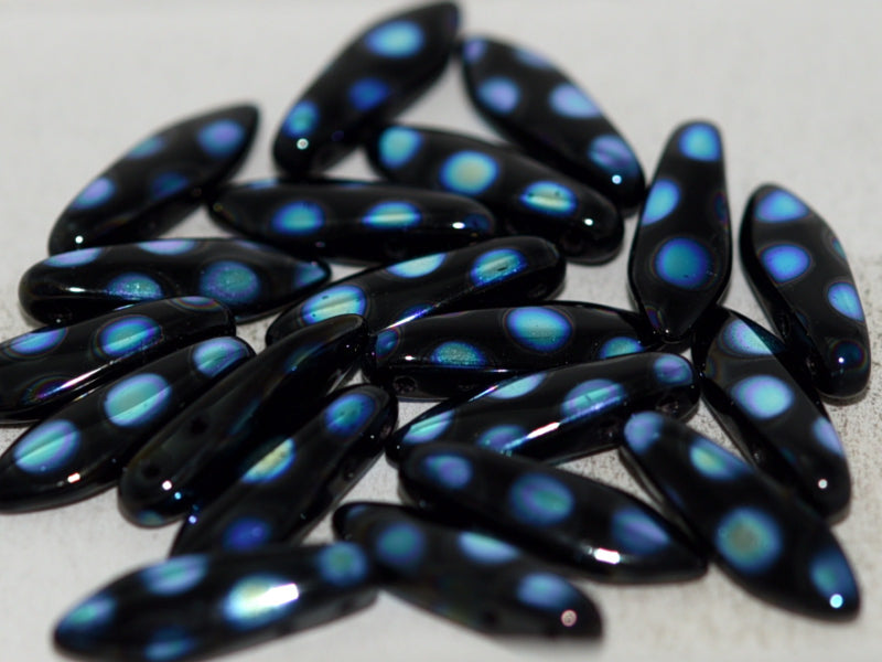 2-Hole Dagger Beads 5x16 mm, 2 Holes, Jet AB Dots, Czech Glass