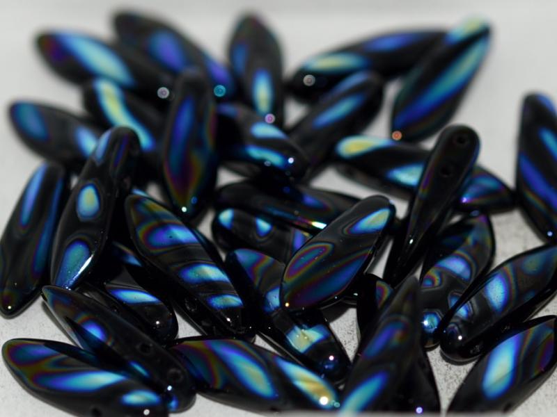 2-Hole Dagger Beads 5x16 mm, 2 Holes, Jet AB Stripes, Czech Glass