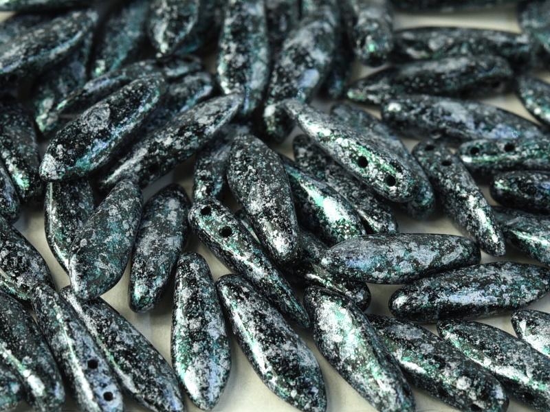 2-Hole Dagger Beads 5x16 mm, 2 Holes, Jet Tweedy Green, Czech Glass