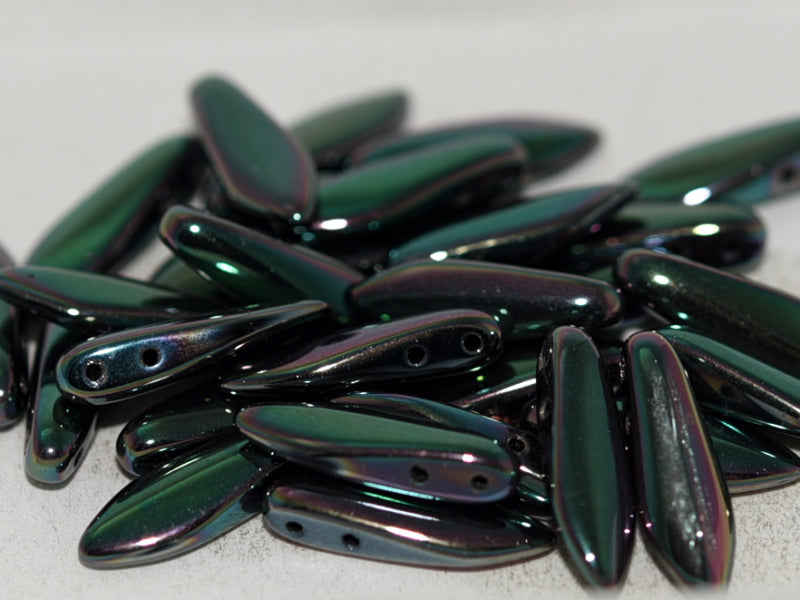 2-Hole Dagger Beads 5x16 mm, 2 Holes, Jet Full Apricot Medium, Czech Glass