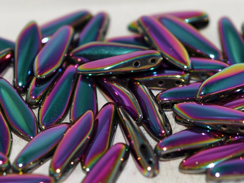 2-Hole Dagger Beads 5x16 mm, 2 Holes, Jet Full Vitrail Green, Czech Glass