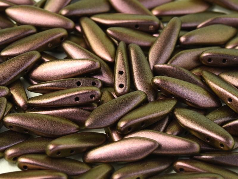 2-Hole Dagger Beads 5x16 mm, 2 Holes, Jet Polychrome Copper Ombre, Czech Glass