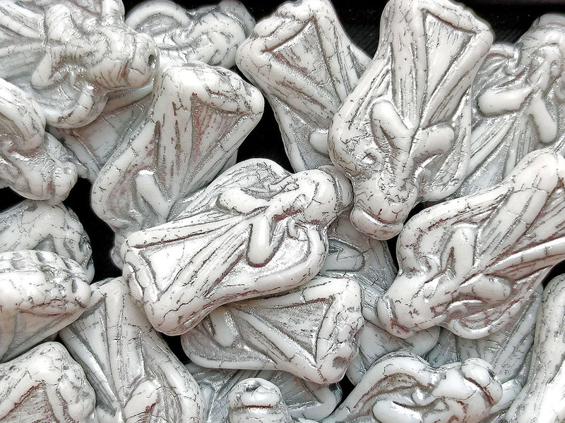 Angel Beads 23x13 mm, Chalk White with Silver Decor, Czech Glass