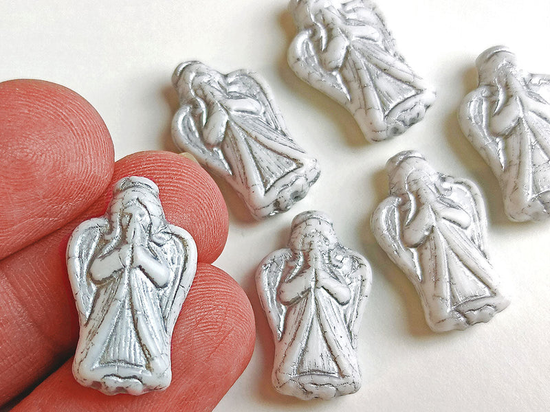 6 pcs Angel Beads 23x13 mm, Chalk White with Silver Decor, Czech Glass