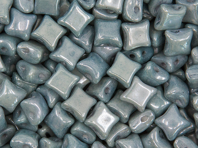 WibeDuo® Beads 8x8 mm, 2 Holes, Chalk White Baby Blue Luster, Czech Glass
