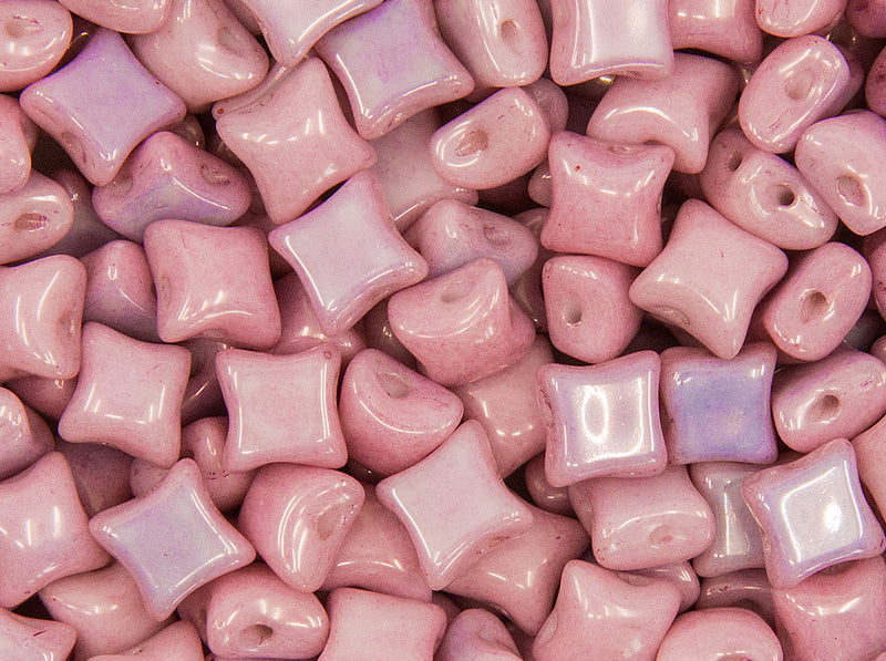 WibeDuo® Beads 8x8 mm, 2 Holes, Chalk White Lila Luster, Czech Glass