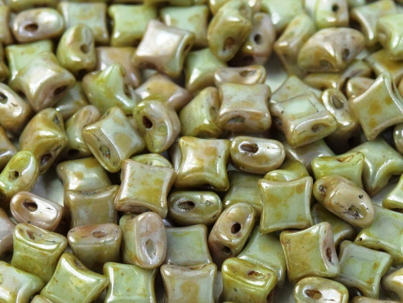 WibeDuo® Beads 8x8 mm, 2 Holes, Chalk White Green Luster, Czech Glass