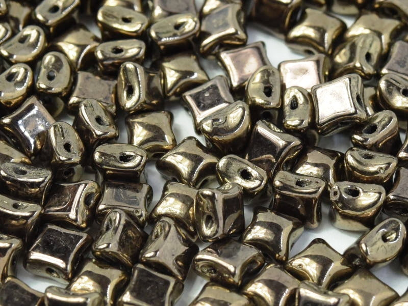 WibeDuo® Beads 8x8 mm, 2 Holes, Jet Gold, Czech Glass