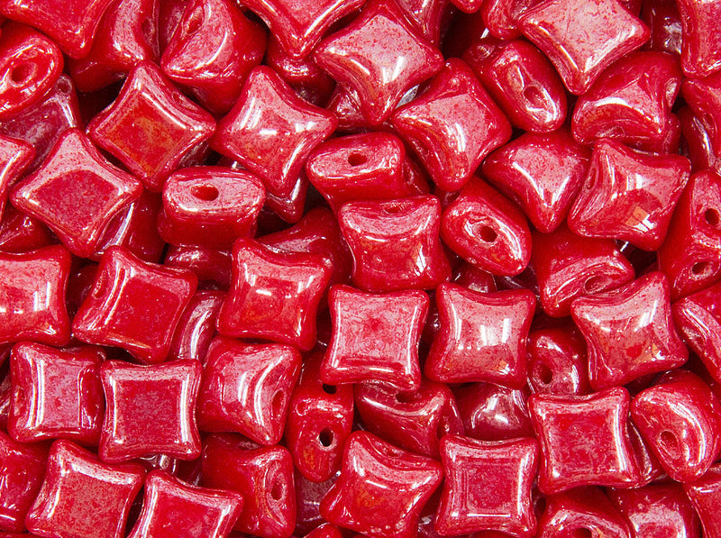 WibeDuo® Beads 8x8 mm, 2 Holes, Opaque Coral Red White Luster, Czech Glass