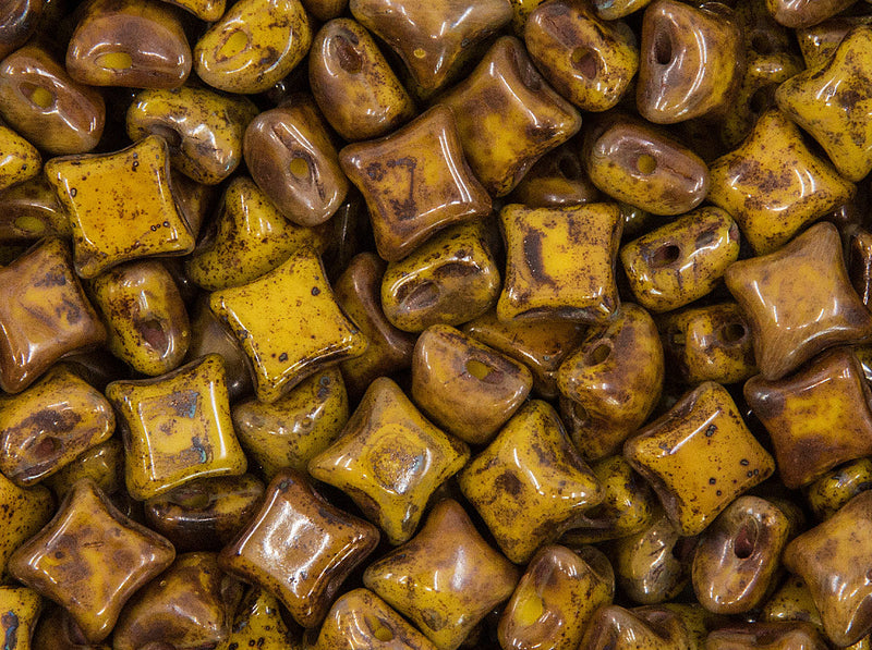 WibeDuo® Beads 8x8 mm, 2 Holes, Opaque Yellow Travertine, Czech Glass