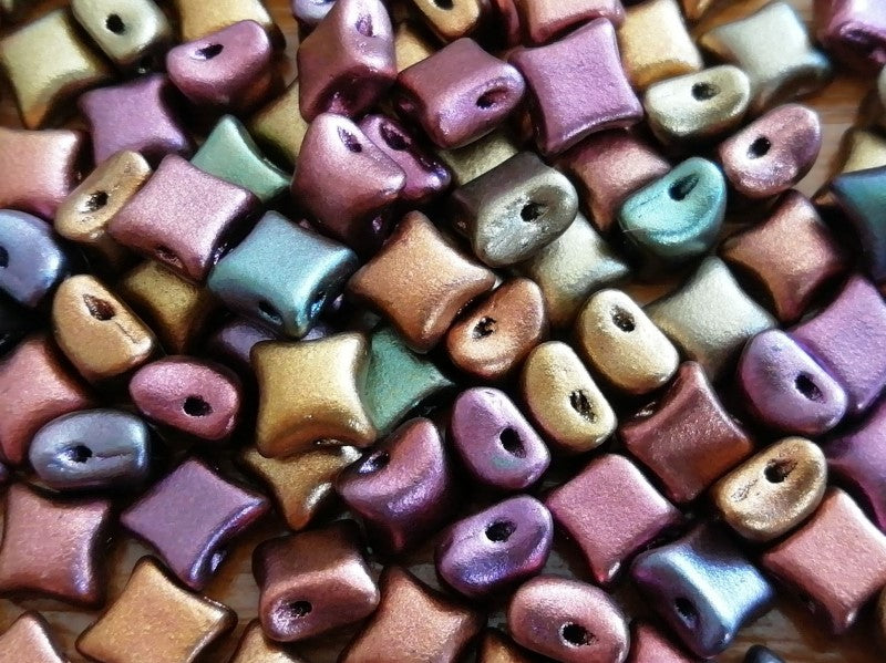WibeDuo® Beads 8x8 mm, 2 Holes, Purple Iris Gold, Czech Glass