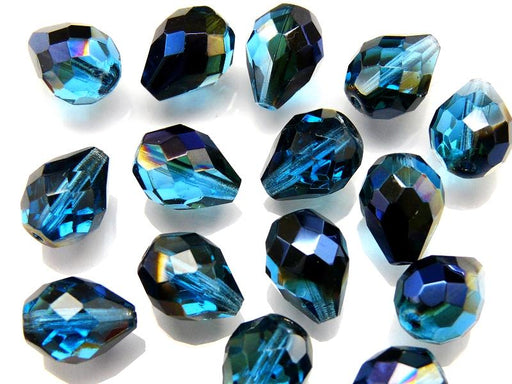 10 pcs Fire Polished Faceted Beads - Pear, 10x13mm, Transparent Blue AB, Czech Glass