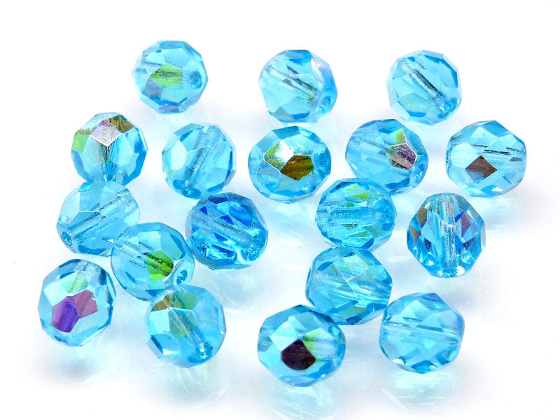 25 pcs Fire Polished Faceted Beads Round, 8mm, Aquamarine AB, Czech Glass